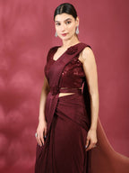 Maroon Imported Crush Lycra Texture Pattern Ready to Wear Saree with stitched Blouse - Nirvana | Grocsy