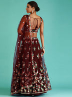 House of Panchhi Burgundy Net Sequinse Work Lehenga & Blouse, Dupatta | Grocsy
