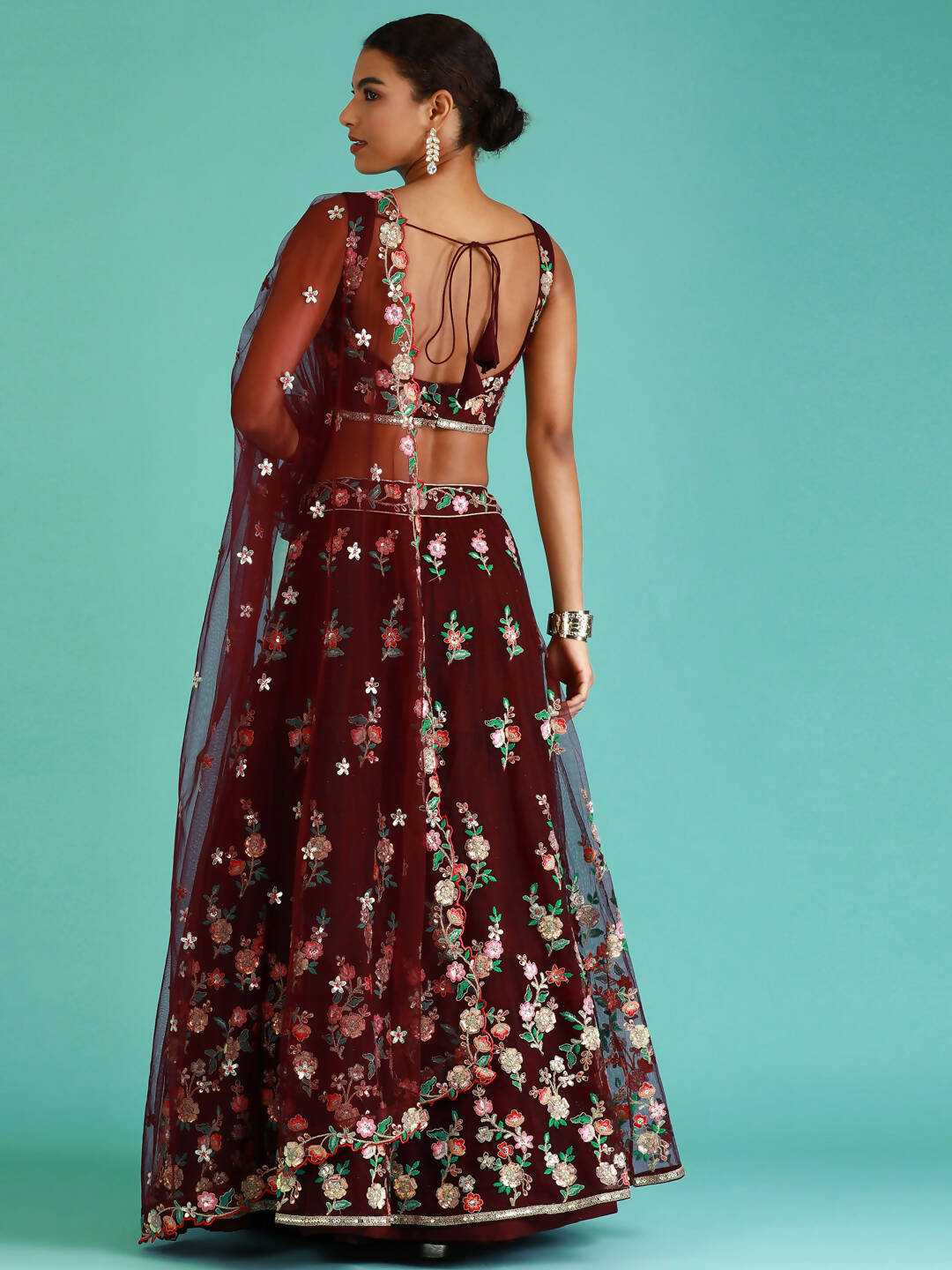House of Panchhi Burgundy Net Sequinse Work Lehenga & Blouse, Dupatta | Grocsy