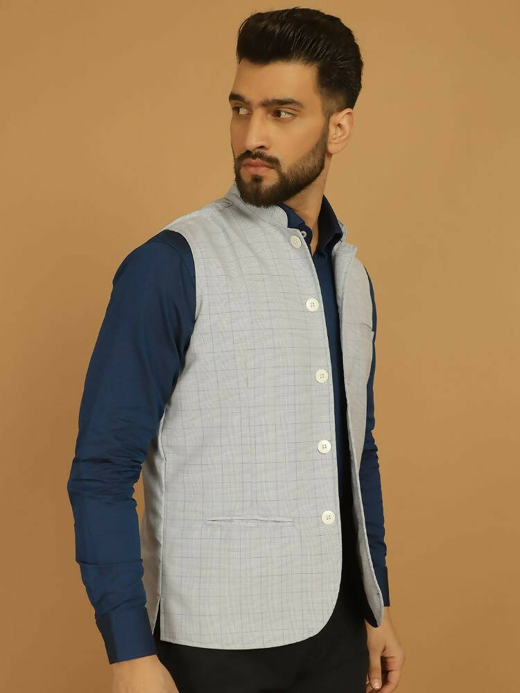 Even Apparels Nehru Jacket With Welt Pockets - Blue | Grocsy