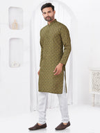 Joban Fashion Men's Rayon Cotton Olive Printed Kurta Pyjama set | Grocsy