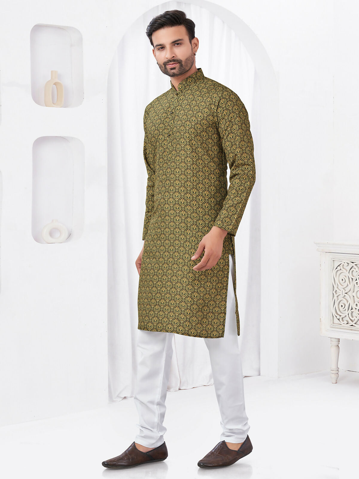Joban Fashion Men's Rayon Cotton Olive Printed Kurta Pyjama set | Grocsy