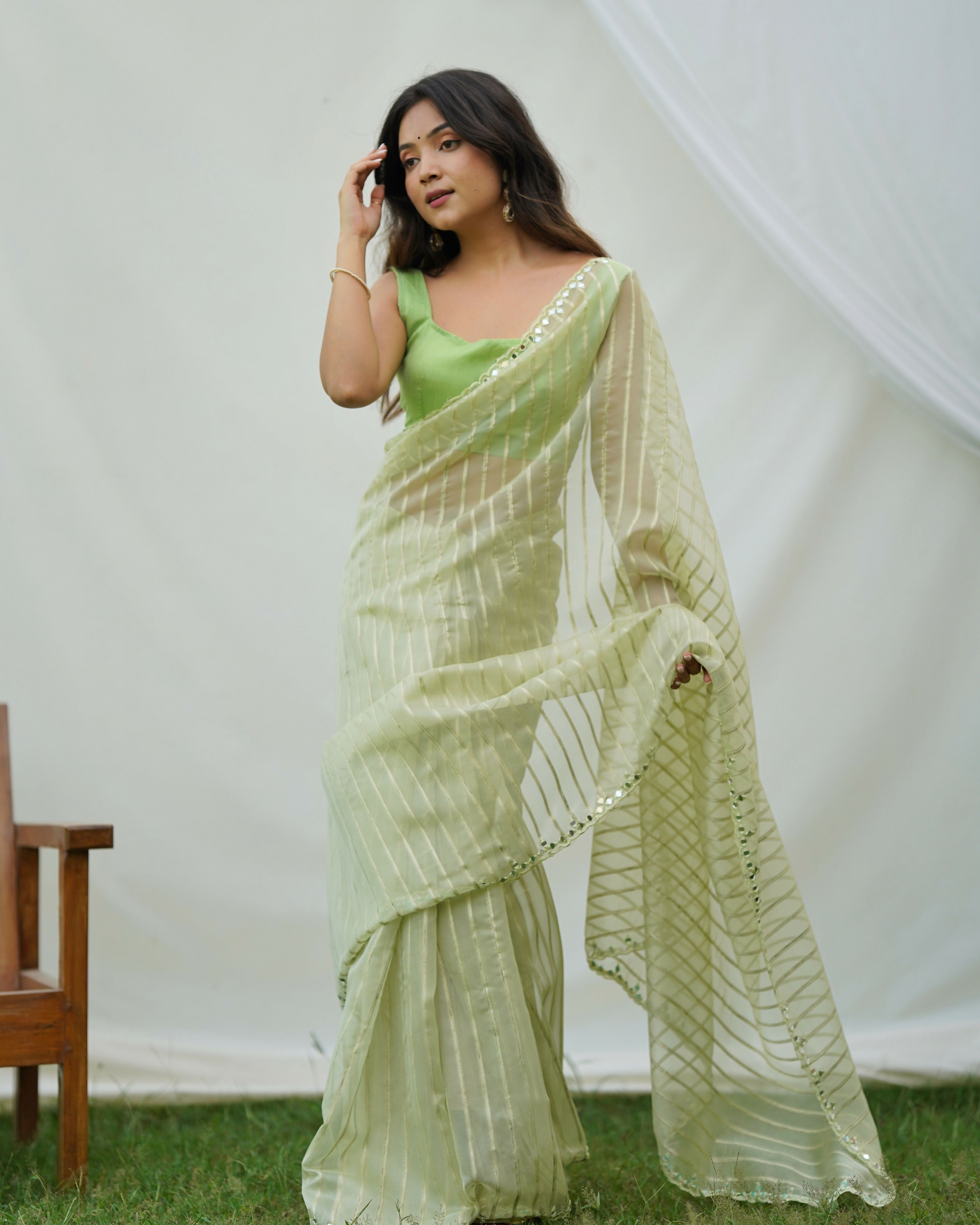 Vamsee Vijaysitara Pista Organza Saree | Grocsy