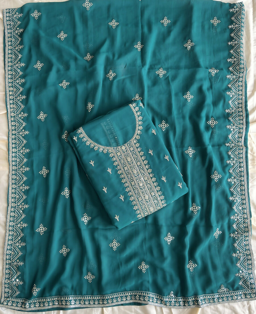 KC Aqua Blue Georgette Straight Suit With Heavy Embroidery | Grocsy