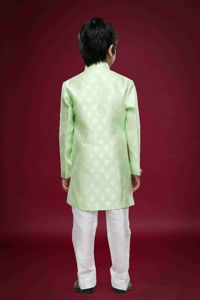 Raivat Ethnic Kids Banarasi Jacquard Woven Work Semi Indo Western Set Pista Green Colour | Grocsy