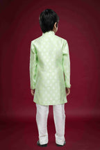Raivat Ethnic Kids Banarasi Jacquard Woven Work Semi Indo Western Set Pista Green Colour | Grocsy