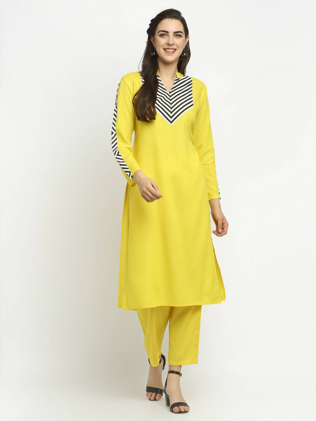 Rudra Bazaar Yellow Yoke Kurta with Pyjamas | Grocsy