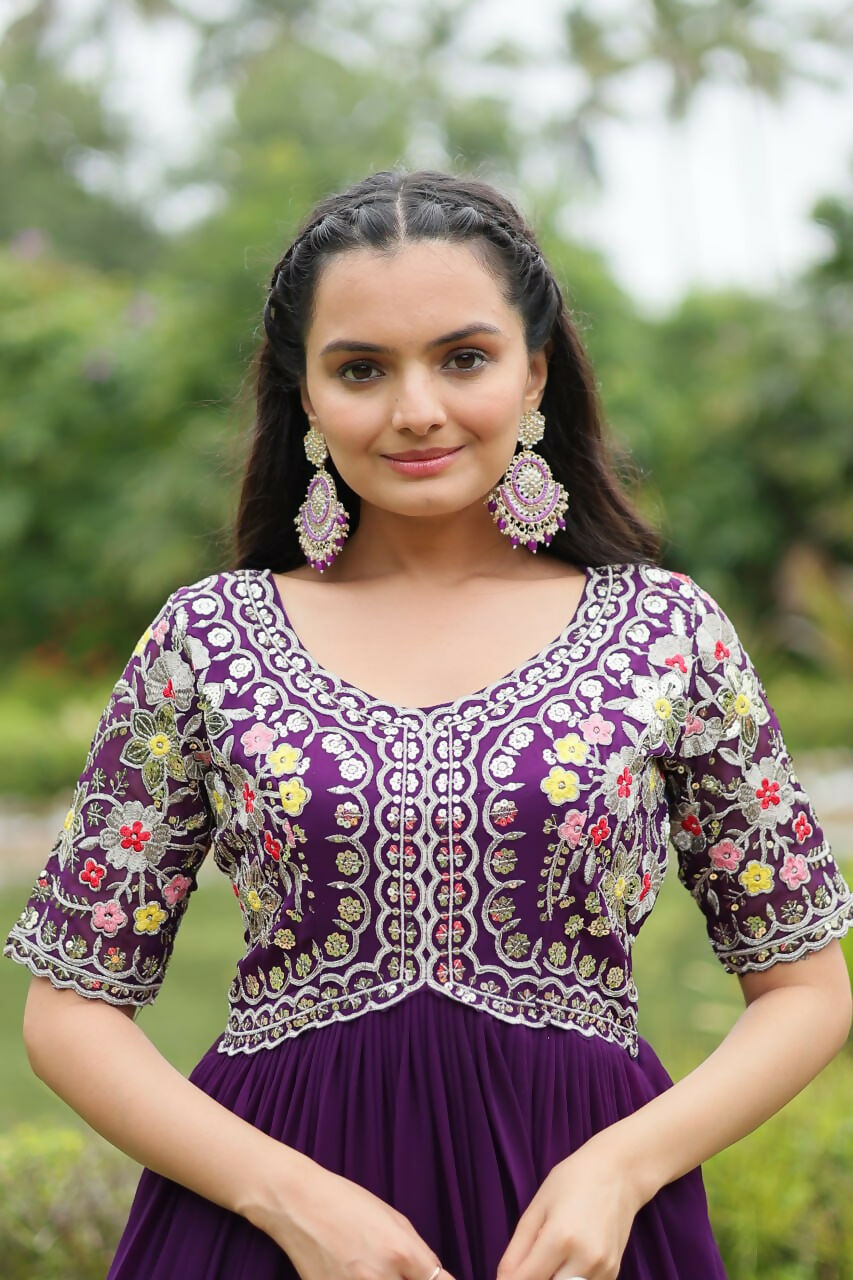 Vastranavya Faux Blooming with Embroidery Zari Sequins-work Gown - Purple | Grocsy