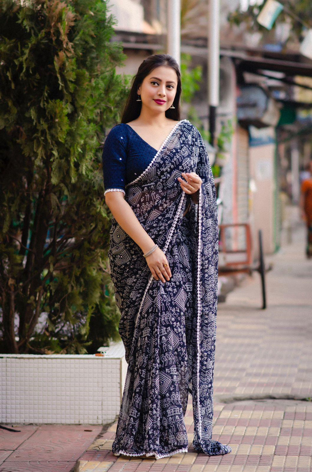 Blue Poly Georgette Ethnic Motifs Saree with Unstitched Blouse - A2M | Grocsy