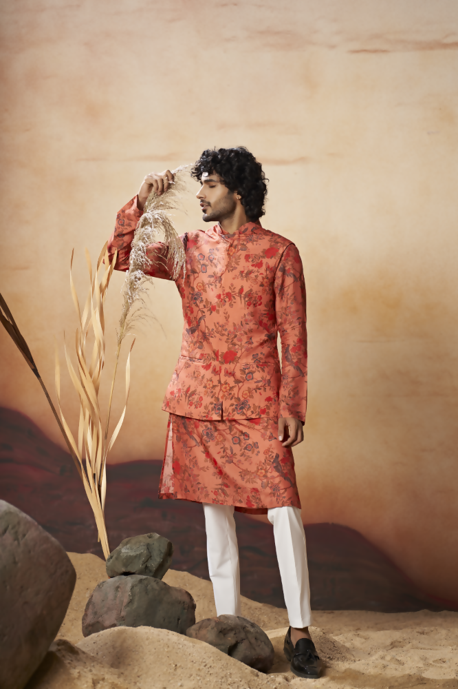 Floral Jal Print Silk Nehru Jacket Set by Hilo Design | Grocsy