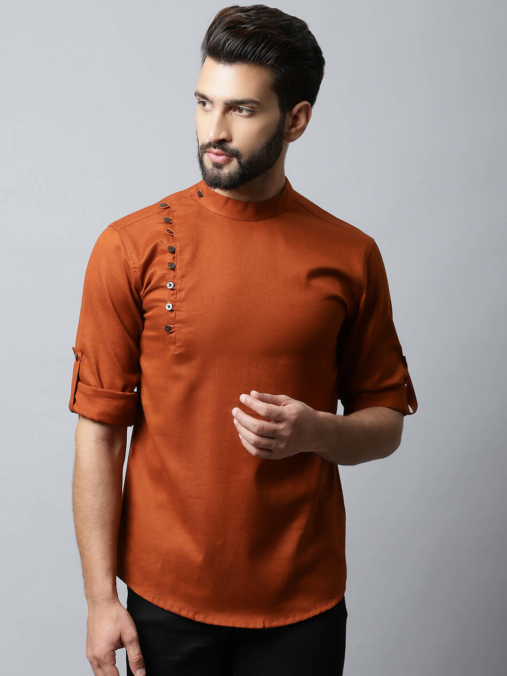 Even Apparels Brown Color Linen Pure Cotton Men's Kurta With Side Placket (SLD1137) | Grocsy