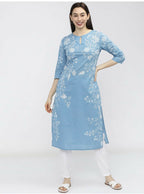 Cheera Women Stylish Hand Block Printed Cotton Blend Flared Kurta - Sky Blue | Grocsy