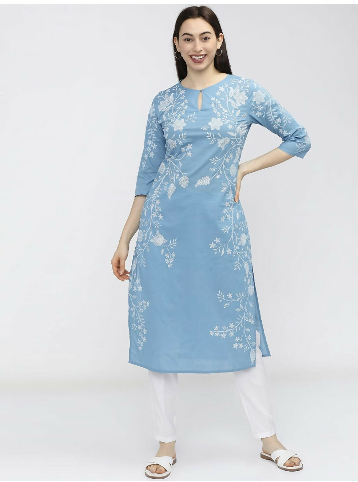 Cheera Women Stylish Hand Block Printed Cotton Blend Flared Kurta - Sky Blue | Grocsy