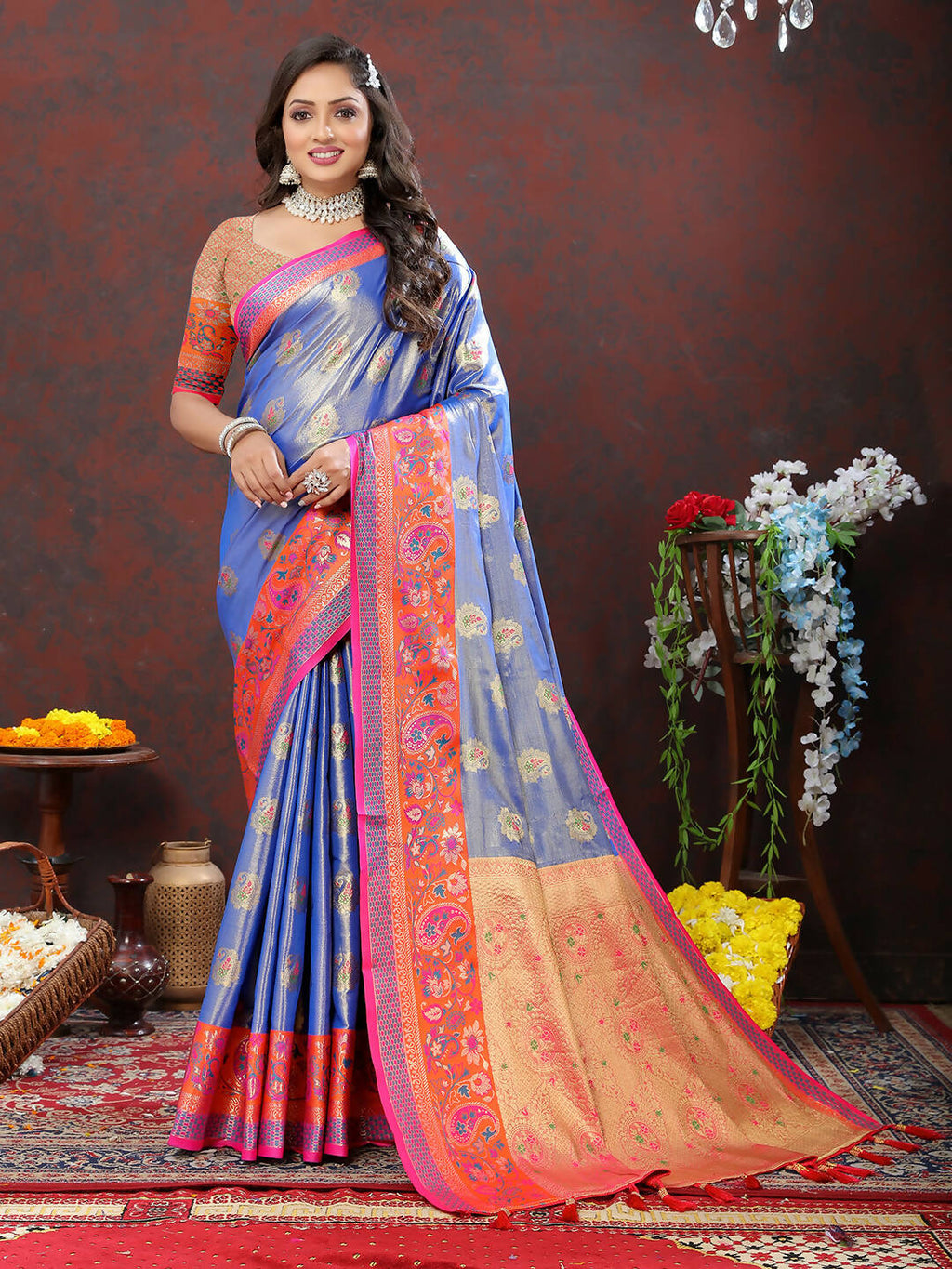 Lorenvalley Fashion Lavender Kanjivaram Silk Woven Design with Zari Weaving Saree | Grocsy