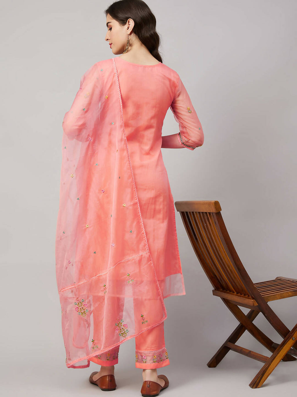 Peach Organza Embroidered Kurta with Bottom & Dupatta - Salimar | Grocsy