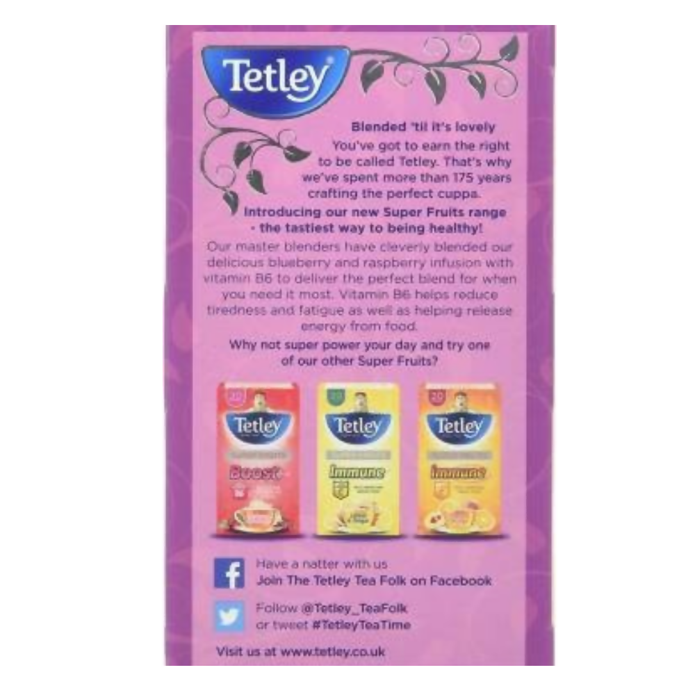 Tetley Super Fruits Boost With Blueberry & Raspberry Tea Bags | Grocsy