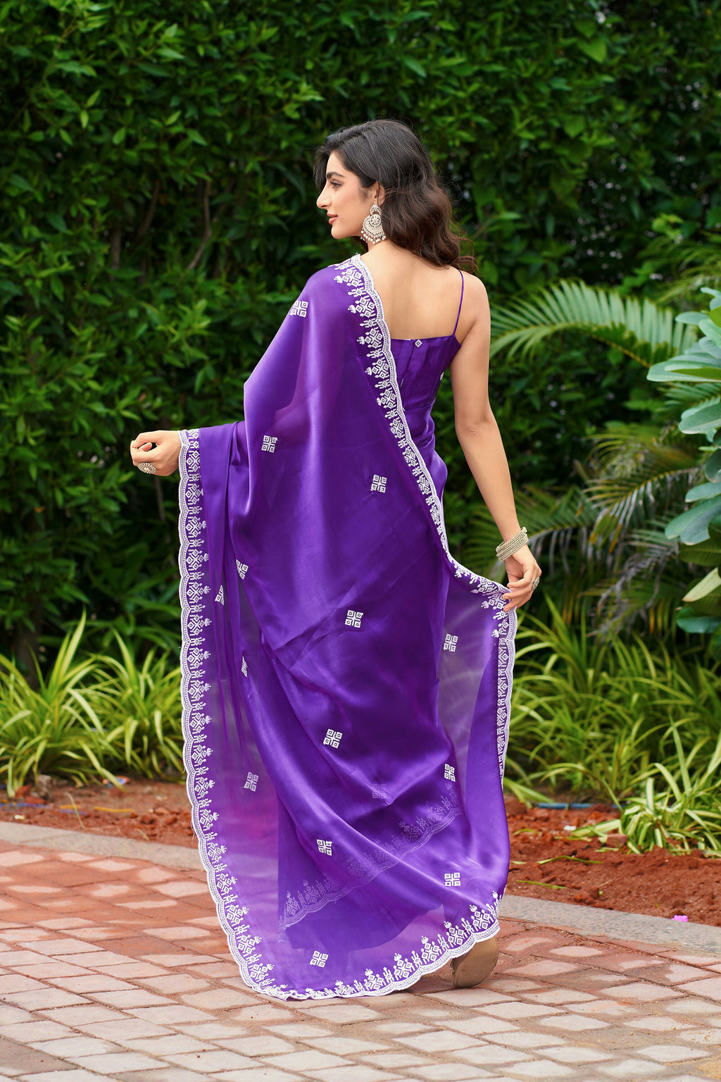 Vastranavya Purple-Blue Embroidery Work Shimmer Chiffon Saree with Unstitched Blouse | Grocsy