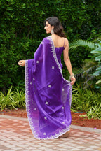 Vastranavya Purple-Blue Embroidery Work Shimmer Chiffon Saree with Unstitched Blouse | Grocsy