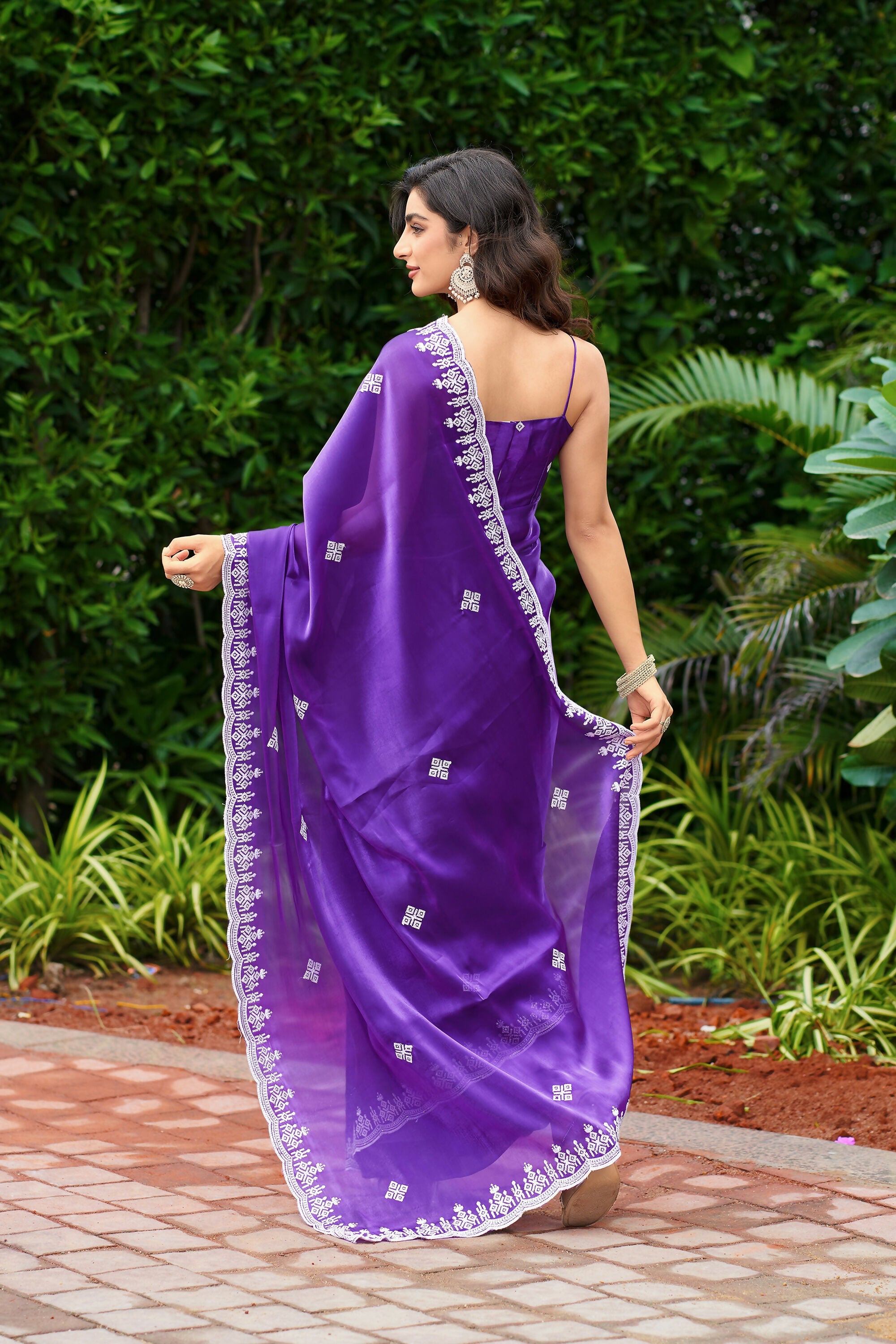 Vastranavya Purple-Blue Embroidery Work Shimmer Chiffon Saree with Unstitched Blouse | Grocsy