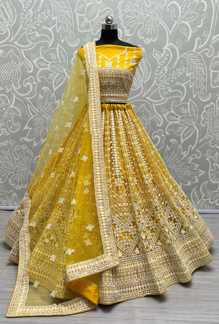 Jyoti Fashion Women's Yellow Net Patterned Thread Embroidered with Sequins Wedding Lehenga Choli | Grocsy