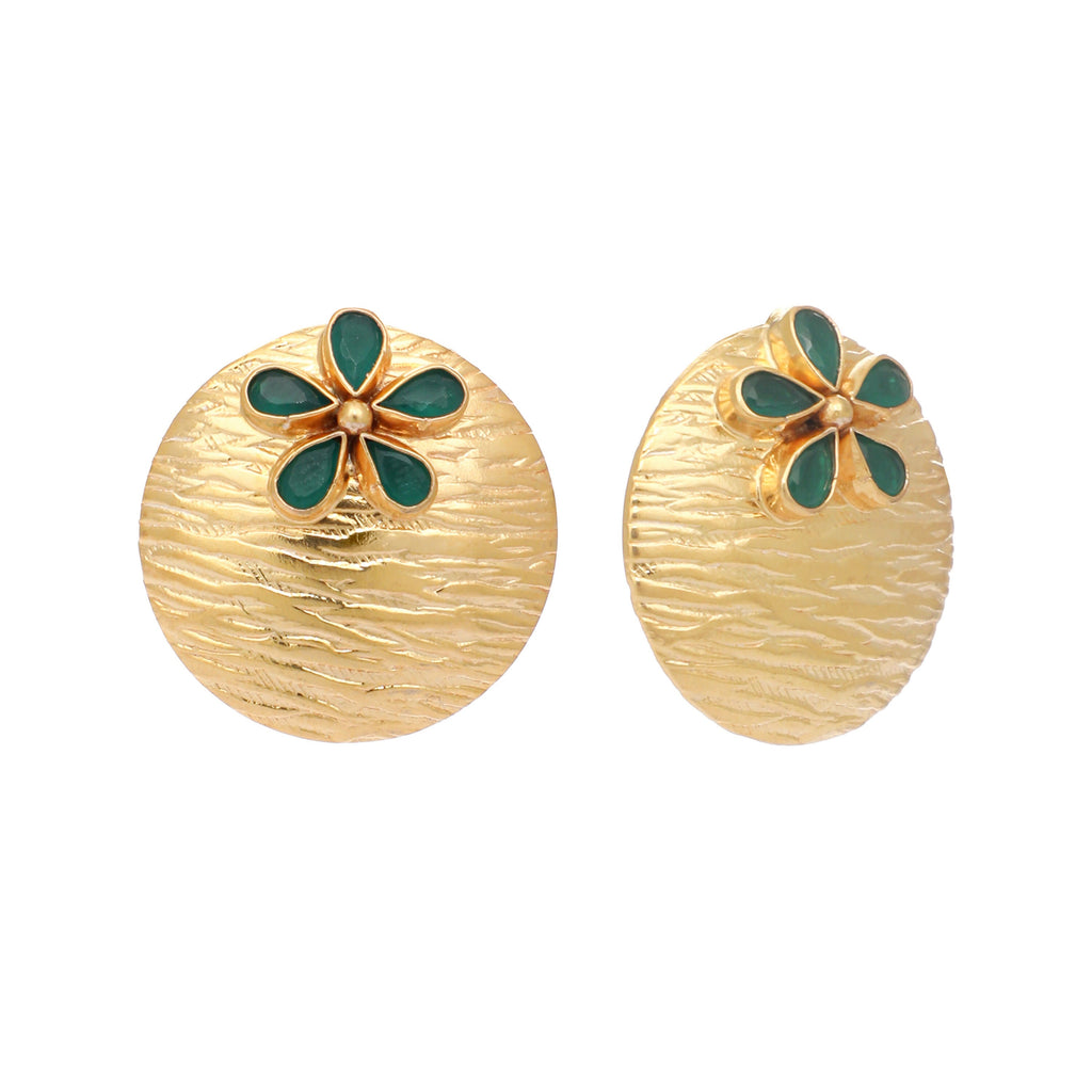 Nuyug 22K Gold-Plated Faux Emerald Stones Studded Circular Floral Shaped Motif Studs | Grocsy