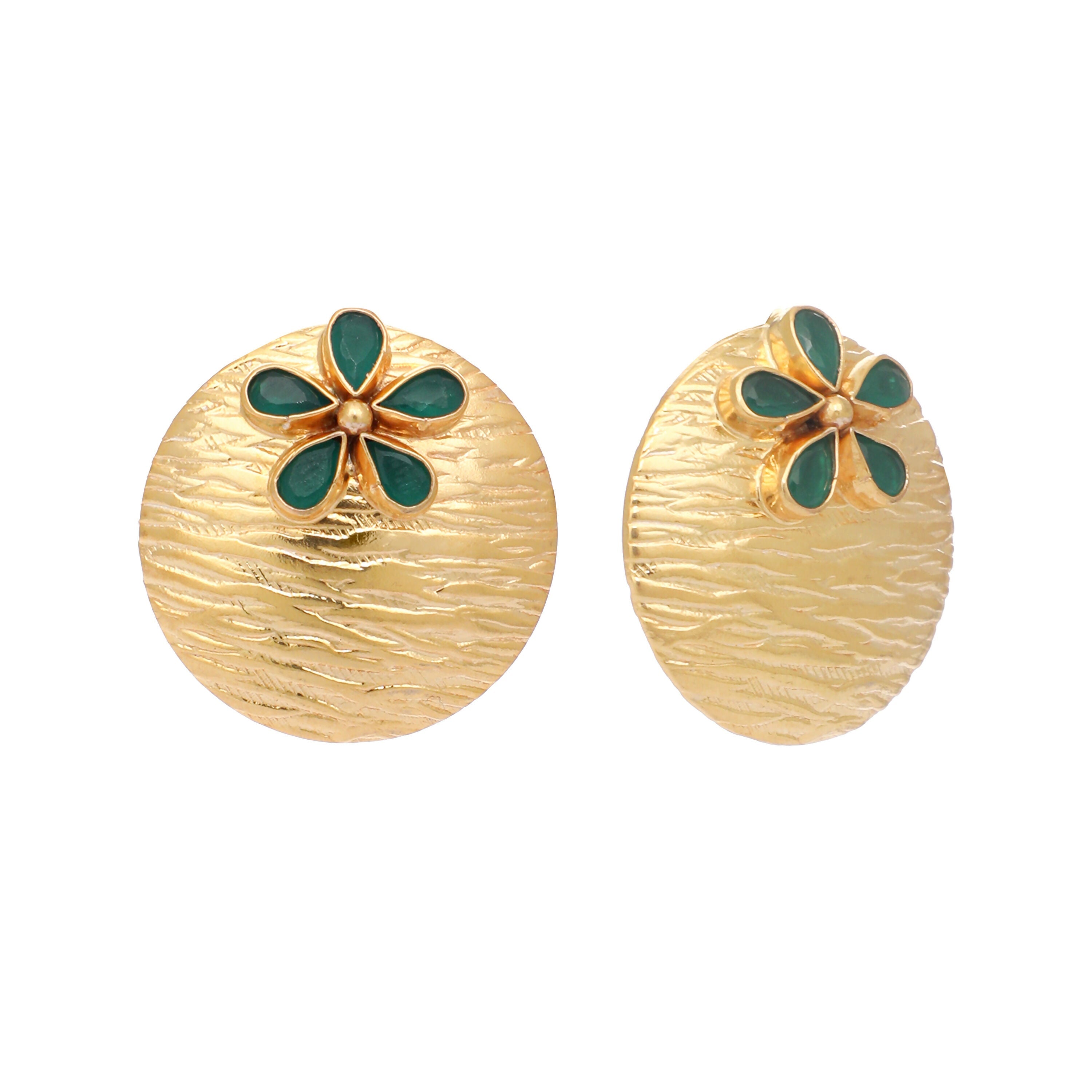 Nuyug 22K Gold-Plated Faux Emerald Stones Studded Circular Floral Shaped Motif Studs | Grocsy