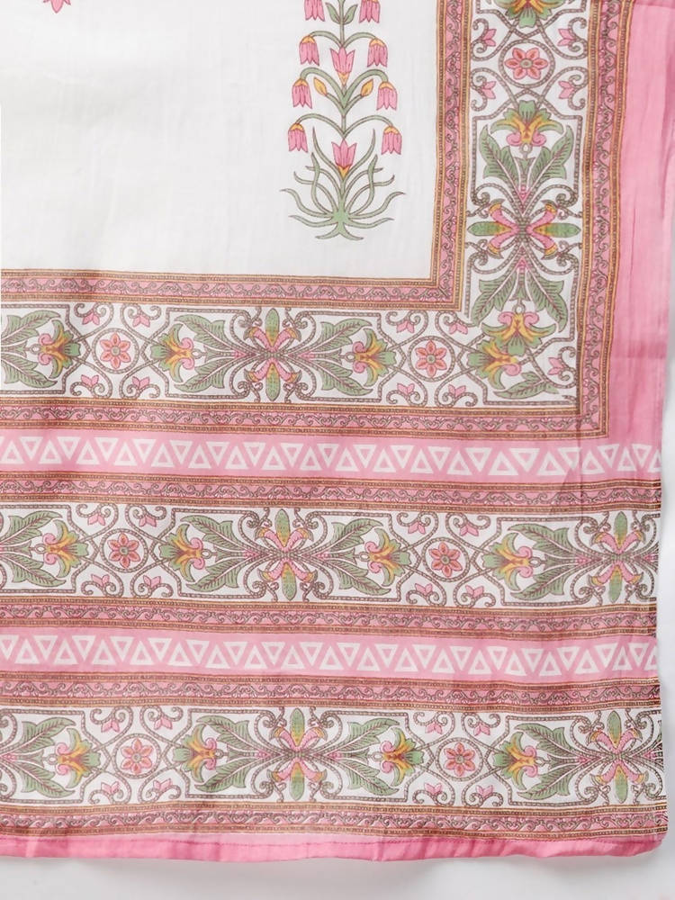 Yufta Women Pink & Yellow Handblock Printed Pure Cotton Kurta with Trouser & Dupatta | Grocsy