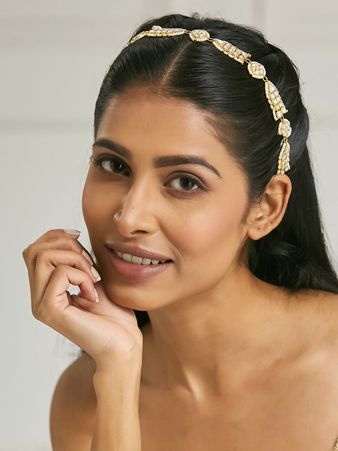 Nuyug 22K Gold-Plated Kundan & Pearls Studded Matha Patti with Regal Motifs Head Jewellery | Grocsy