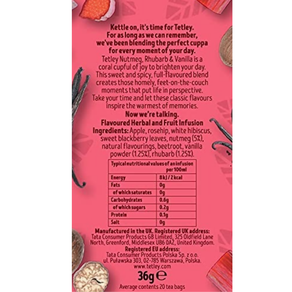 Tetley Vanilla, Nutmeg & Rhubarb Tea Bags | Grocsy