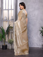 Vastranavya Beige Embroidery Work Shimmer Chiffon Saree with Unstitched Blouse | Grocsy