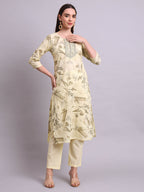 Joban Fashion Beige Cotton Floral Printed & Embroidery Work Kurta With Trousers & Dupatta Set | Grocsy
