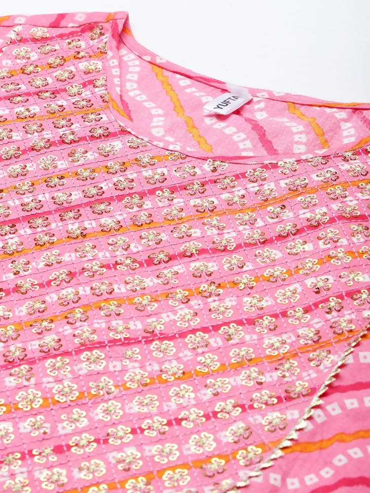 Yufta Women Pink Yoke Design Regular Sequined Pure Cotton Kurta with Palazzo and Dupatta | Grocsy