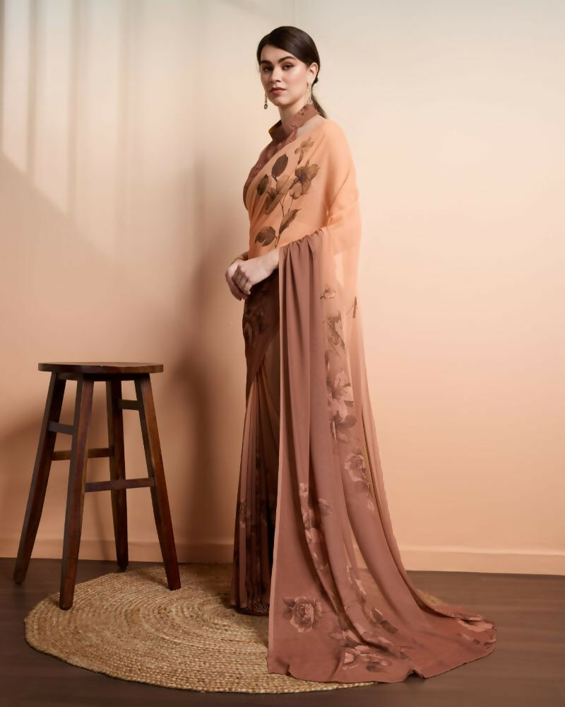 Brown Georgette Designer Printed Party Wear Saree - Cinderella | Grocsy
