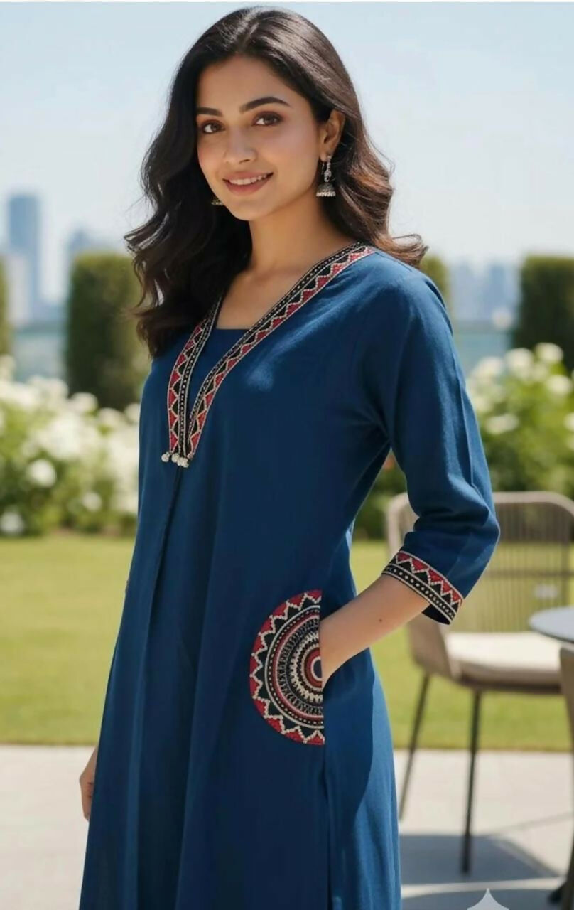 Miravan Womens Blue Straight Kurta With Palazzo Set | Grocsy