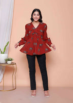 Miravan Womens Brown Animal Printed Balloon Sleeves V Neck Butterfly Top | Grocsy