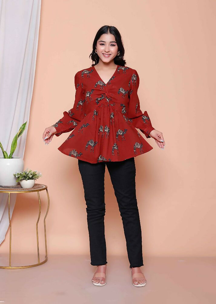 Miravan Womens Brown Animal Printed Balloon Sleeves V Neck Butterfly Top | Grocsy