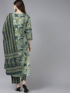 Yufta Women Teal and Beige Floral Dyed Pure Cotton Kurta with Palazzo and Dupatta | Grocsy