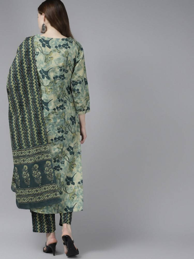 Yufta Women Teal and Beige Floral Dyed Pure Cotton Kurta with Palazzo and Dupatta | Grocsy