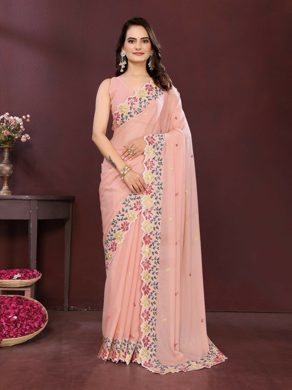 Ai Fashion Cream Soft Star Georgette Embroidery Party Wear Saree | Grocsy