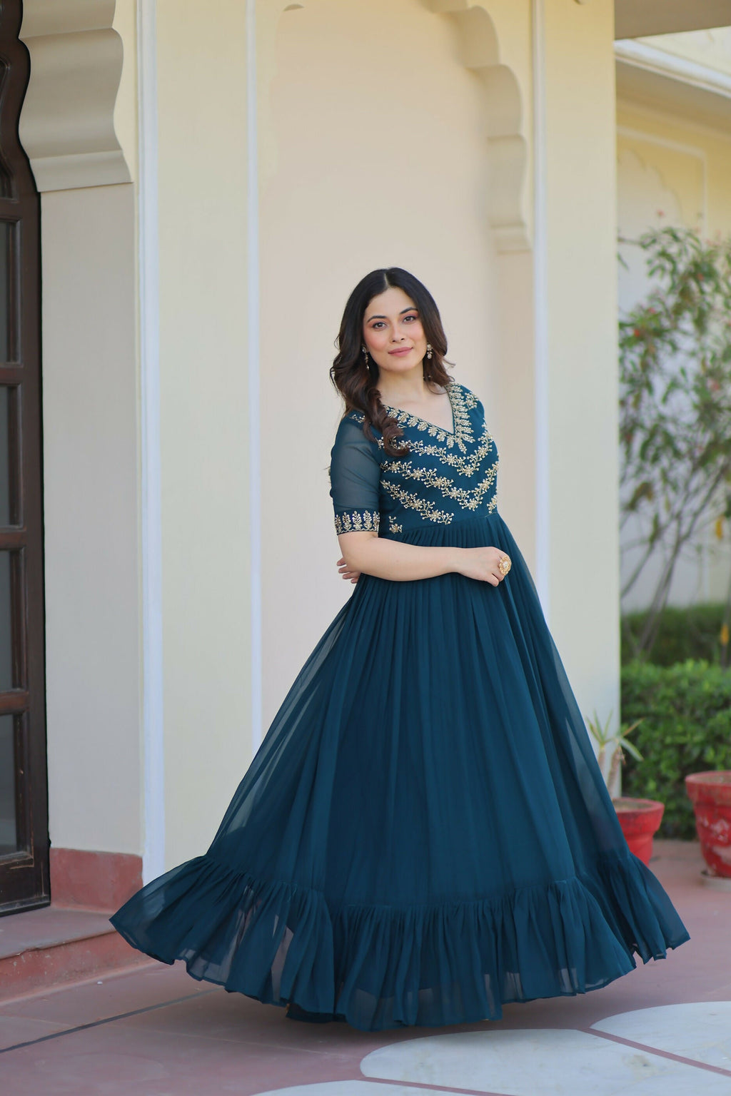 Joban Fashion Rama Green Georgette Sequence Embroidery Work Gown | Grocsy