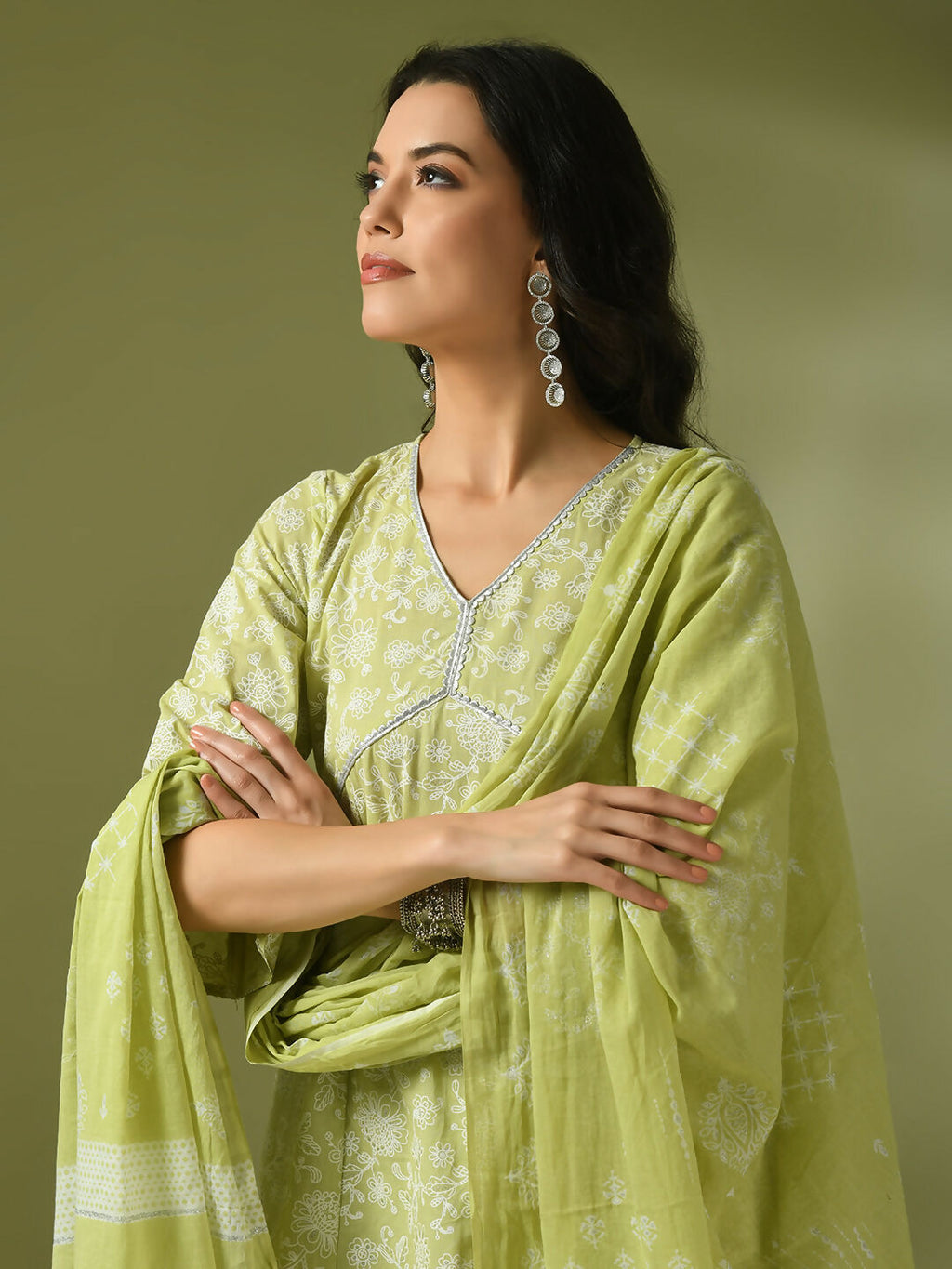 Myshka Women's Lime Green Printed Cotton Anarkali Party Kurta Set With Dupatta | Grocsy
