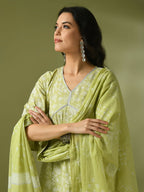Myshka Women's Lime Green Printed Cotton Anarkali Party Kurta Set With Dupatta | Grocsy