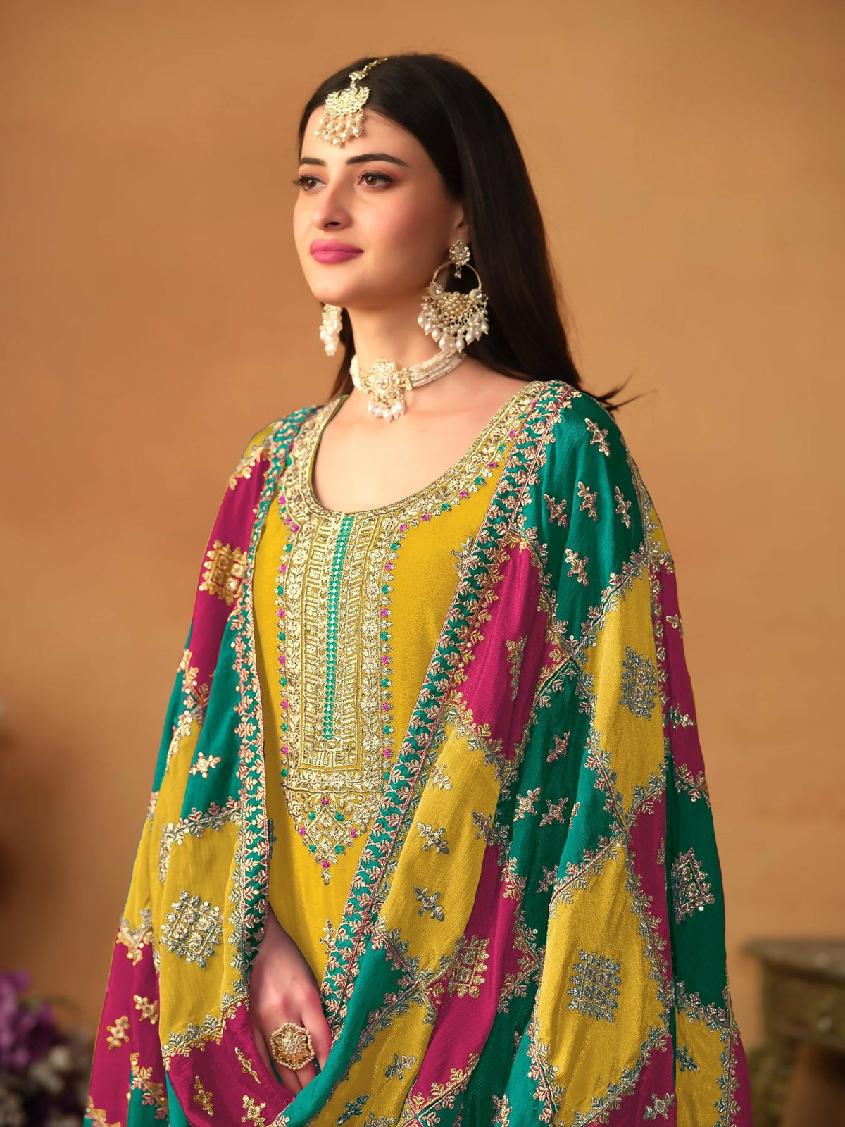 Anaita Mustard Embroidered Soft Organza Salwar Suit | Grocsy