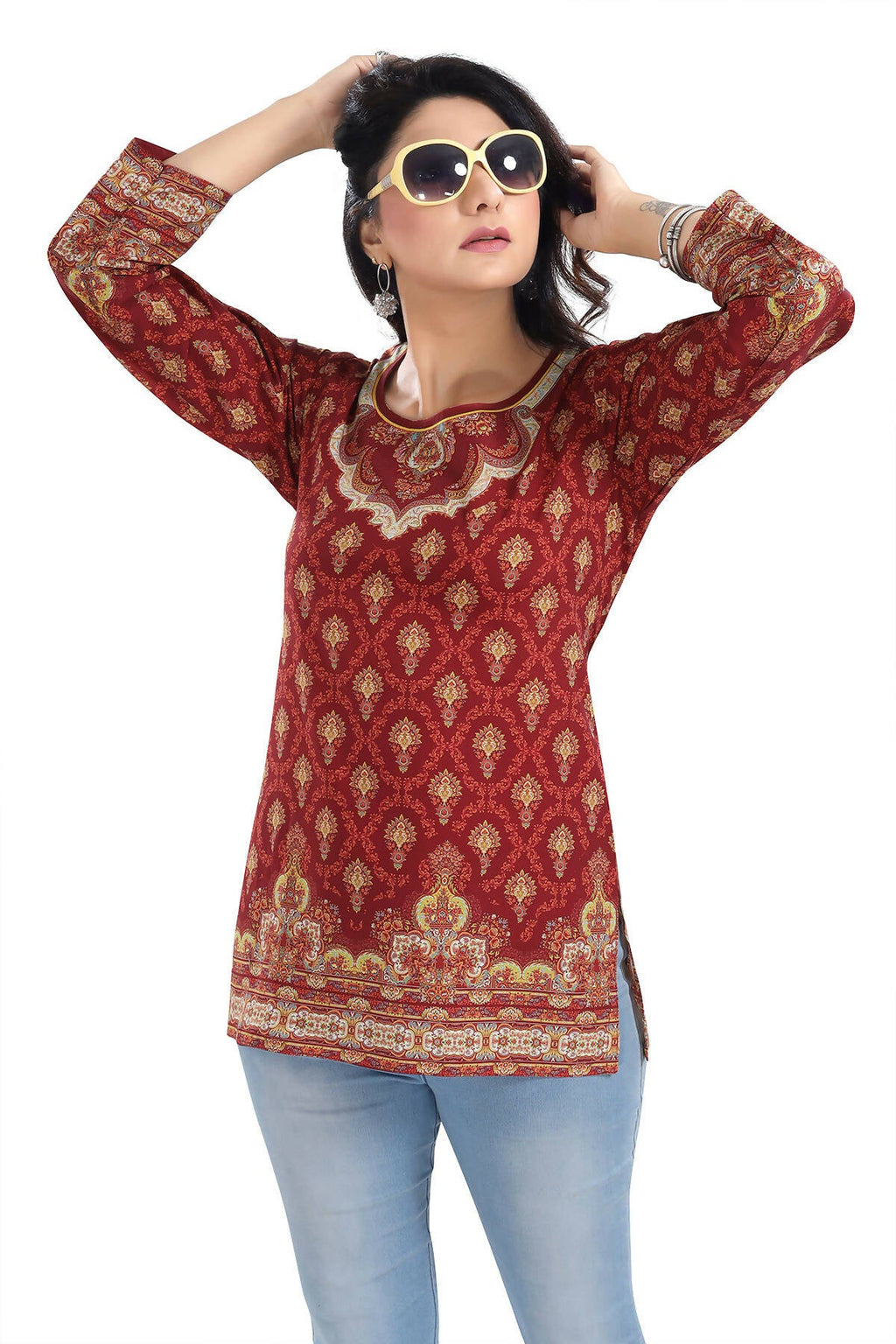 Snehal Creations Magical Maroon Printed Short Kurti Tunic Top | Grocsy