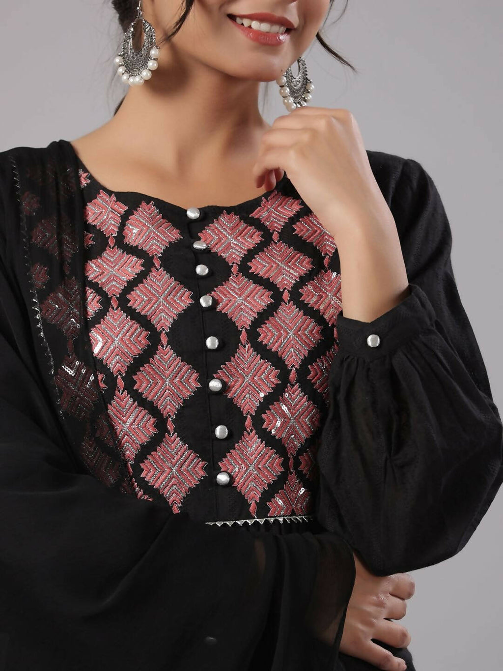 Juniper Women's Black Cotton Dobby Solid With Embroidery Flared Kurta Sets | Grocsy