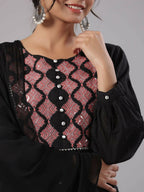Juniper Women's Black Cotton Dobby Solid With Embroidery Flared Kurta Sets | Grocsy