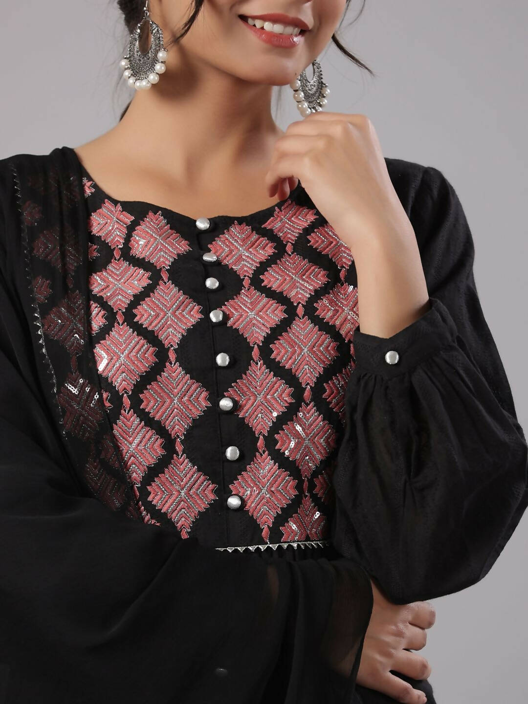 Juniper Women's Black Cotton Dobby Solid With Embroidery Flared Kurta Sets | Grocsy