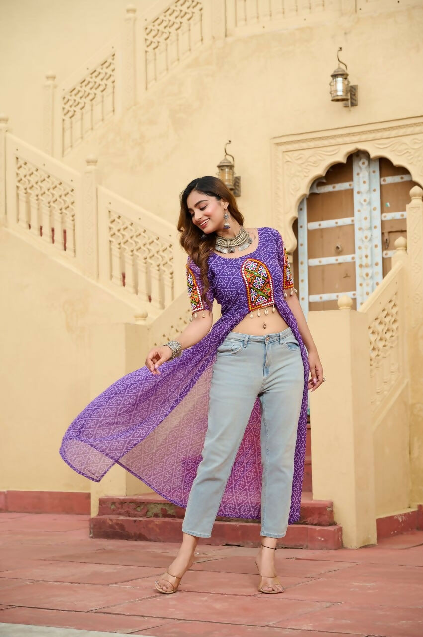 Vastranavya Blue Navratri Special Kutchi Patch Work with Bandhani Printed Faux Georgette Kurti | Grocsy