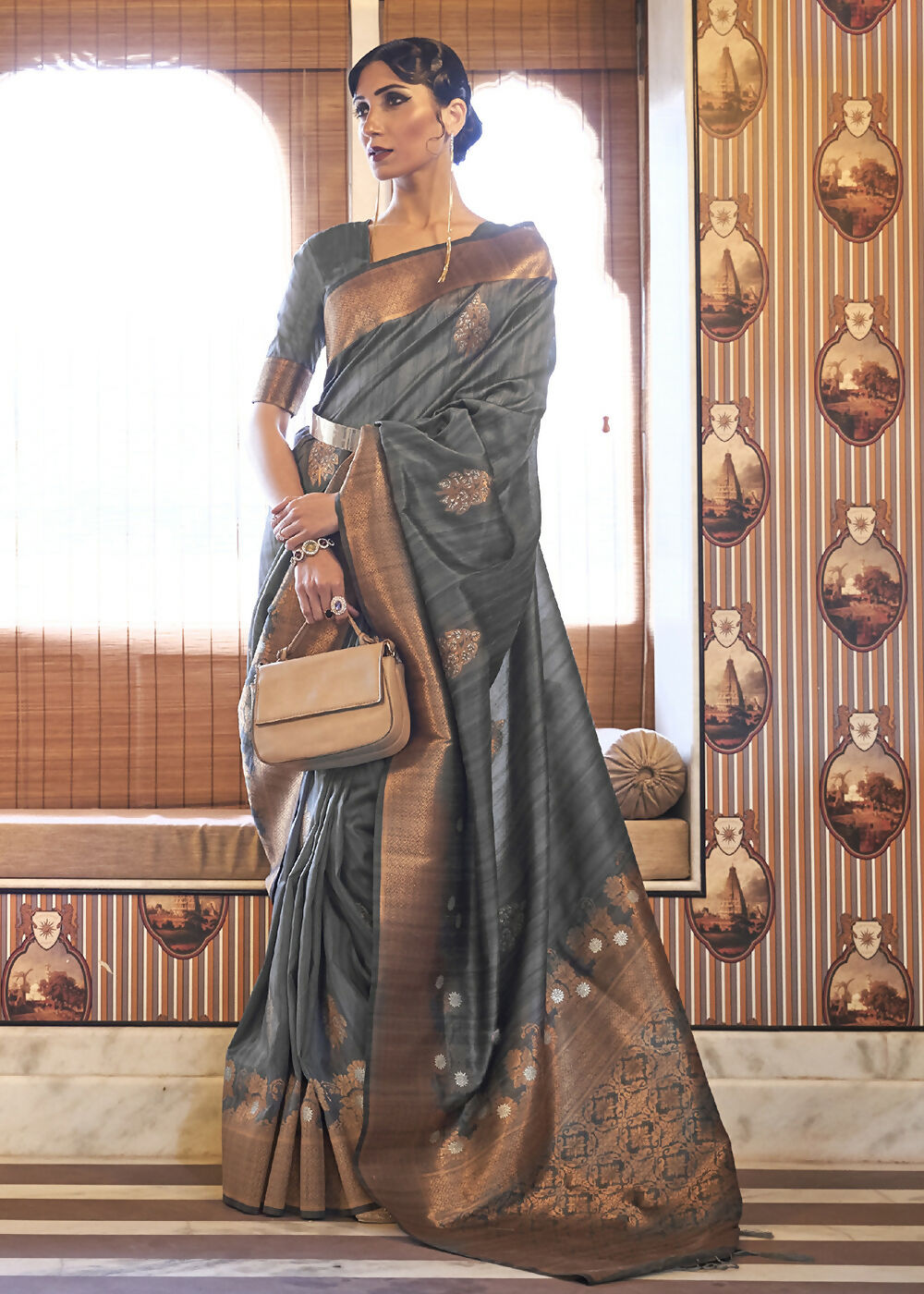 Platinum Grey Tussar Banarasi Silk Designer Saree - Emponline | Grocsy