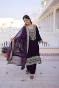 Teeya Creation Womens New Wine Velvet With Rich Zari Coding Embroidered Work Kurta Pant Dupatta Set | Grocsy